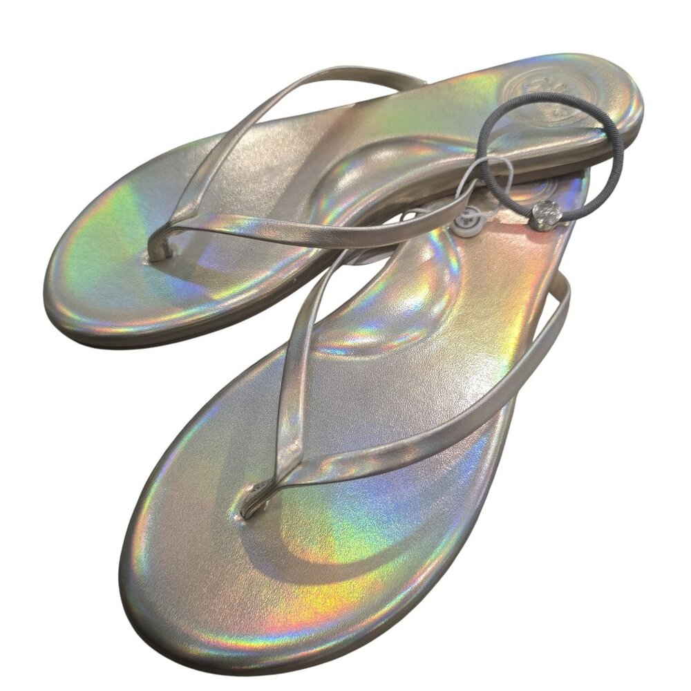 Soléi Sea NWT holographic gold Iridescent Flip Flops Women Size 7 with hair tie